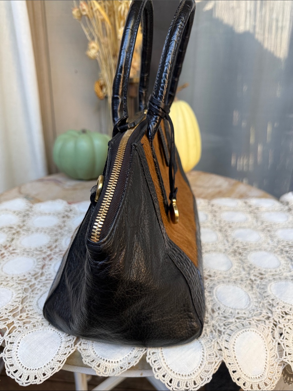Brahmin Black Croc-Embossed & Brown Haircalf Satchel - Picture 4 of 10